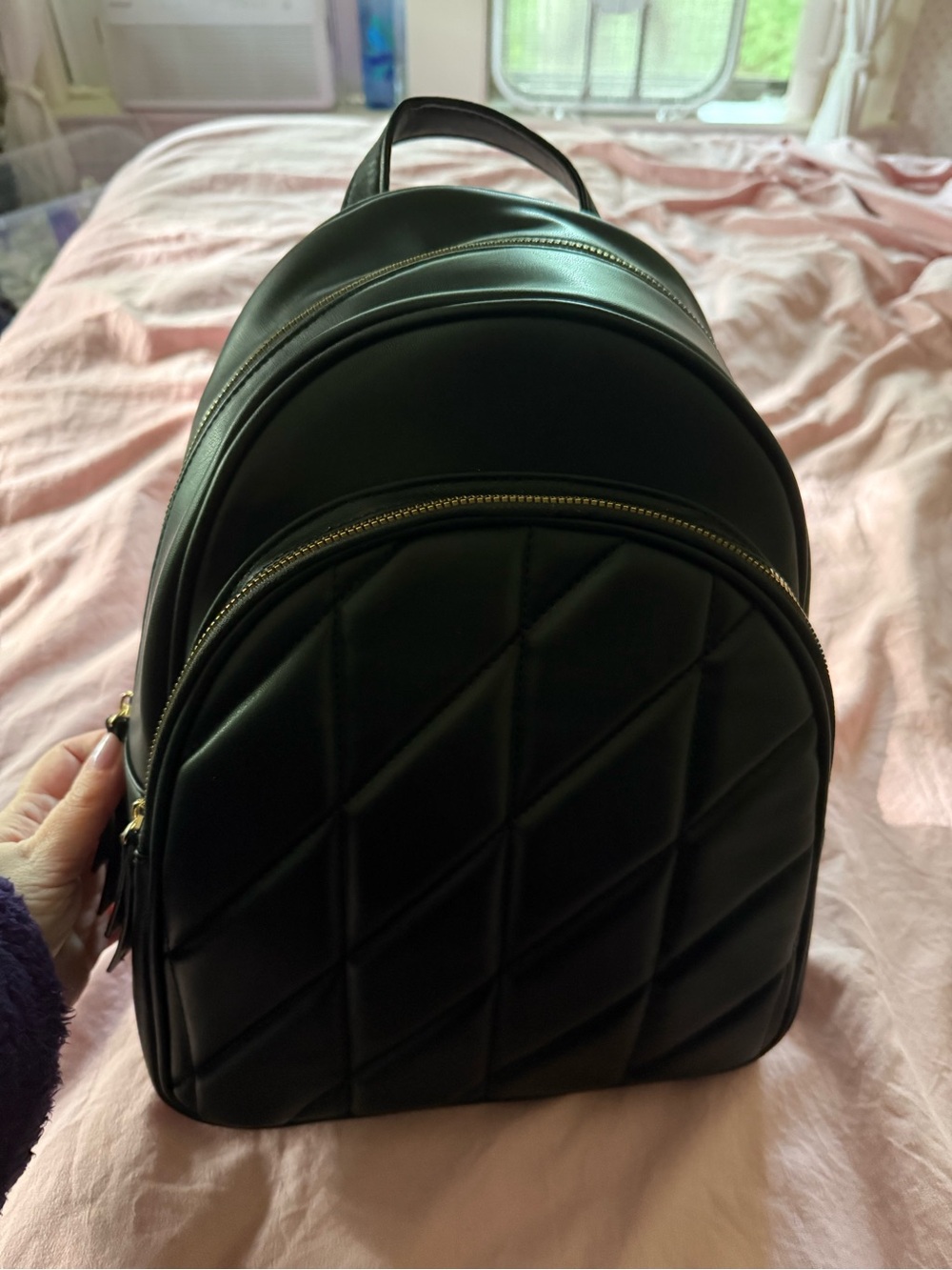 Primark Black Vegan Leather Quilted Backpack with Gold Zips